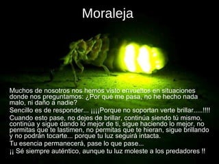 Moraleja   Muchos de nosotros nos hemos visto envueltos en situaciones donde nos preguntamos: ¿Por qué me pasa, no he hecho nada malo, ni daño a nadie? Sencillo es de responder... ¡¡¡¡Porque no soportan verte brillar.....!!!! Cuando esto pase, no dejes de brillar, continúa siendo tú mismo, continúa y sigue dando lo mejor de ti, sigue haciendo lo mejor, no permitas que te lastimen, no permitas que te hieran, sigue brillando y no podrán tocarte... porque tu luz seguirá intacta. Tu esencia permanecerá, pase lo que pase... ¡¡ Sé siempre auténtico, aunque tu luz moleste a los predadores !!  