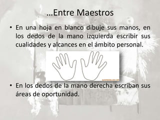…Entre Maestros
• En una hoja en blanco dibuje sus manos, en
los dedos de la mano izquierda escribir sus
cualidades y alcances en el ámbito personal.
• En los dedos de la mano derecha escriban sus
áreas de oportunidad.
 