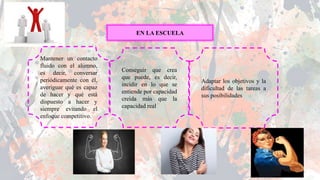 EN LA ESCUELA
Mantener un contacto
fluido con el alumno,
es decir, conversar
periódicamente con él,
averiguar qué es capaz
de hacer y qué está
dispuesto a hacer y
siempre evitando el
enfoque competitivo.
Conseguir que crea
que puede, es decir,
incidir en lo que se
entiende por capacidad
creída más que la
capacidad real
Adaptar los objetivos y la
dificultad de las tareas a
sus posibilidades
 