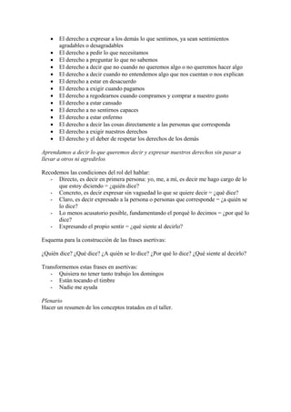 •   El derecho a expresar a los demás lo que sentimos, ya sean sentimientos
       agradables o desagradables
   •   El derecho a pedir lo que necesitamos
   •   El derecho a preguntar lo que no sabemos
   •   El derecho a decir que no cuando no queremos algo o no queremos hacer algo
   •   El derecho a decir cuando no entendemos algo que nos cuentan o nos explican
   •   El derecho a estar en desacuerdo
   •   El derecho a exigir cuando pagamos
   •   El derecho a regodearnos cuando compramos y comprar a nuestro gusto
   •   El derecho a estar cansado
   •   El derecho a no sentirnos capaces
   •   El derecho a estar enfermo
   •   El derecho a decir las cosas directamente a las personas que corresponda
   •   El derecho a exigir nuestros derechos
   •   El derecho y el deber de respetar los derechos de los demás

Aprendamos a decir lo que queremos decir y expresar nuestros derechos sin pasar a
llevar a otros ni agredirlos

Recodemos las condiciones del rol del hablar:
   - Directo, es decir en primera persona: yo, me, a mí, es decir me hago cargo de lo
      que estoy diciendo = ¿quién dice?
   - Concreto, es decir expresar sin vaguedad lo que se quiere decir = ¿qué dice?
   - Claro, es decir expresado a la persona o personas que corresponde = ¿a quién se
      lo dice?
   - Lo menos acusatorio posible, fundamentando el porqué lo decimos = ¿por qué lo
      dice?
   - Expresando el propio sentir = ¿qué siente al decirlo?

Esquema para la construcción de las frases asertivas:

¿Quién dice? ¿Qué dice? ¿A quién se lo dice? ¿Por qué lo dice? ¿Qué siente al decirlo?

Transformemos estas frases en asertivas:
   - Quisiera no tener tanto trabajo los domingos
   - Están tocando el timbre
   - Nadie me ayuda

Plenario
Hacer un resumen de los conceptos tratados en el taller.
 