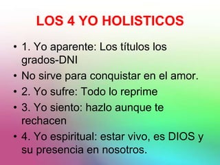 LOS 4 YO HOLISTICOS
• 1. Yo aparente: Los títulos los
grados-DNI
• No sirve para conquistar en el amor.
• 2. Yo sufre: Todo lo reprime
• 3. Yo siento: hazlo aunque te
rechacen
• 4. Yo espiritual: estar vivo, es DIOS y
su presencia en nosotros.
 