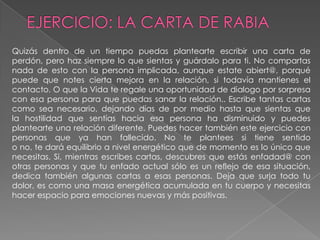 EJERCICIO: LA CARTA DE RABIA Quizás dentro de un tiempo puedas plantearte escribir una carta de perdón, pero haz siempre lo que sientas y guárdalo para ti. No compartas nada de esto con la persona implicada, aunque estate abiert@, porqué puede que notes cierta mejora en la relación, si todavía mantienes el contacto. O que la Vida te regale una oportunidad de dialogo por sorpresa con esa persona para que puedas sanar la relación.. Escribe tantas cartas como sea necesario, dejando días de por medio hasta que sientas quela hostilidad que sentías hacia esa persona ha disminuido y puedes plantearte una relación diferente. Puedes hacer también este ejercicio con personas que ya han fallecido. No te plantees si tiene sentidoo no, te dará equilibrio a nivel energético que de momento es lo único que necesitas. Si, mientras escribes cartas, descubres que estás enfadad@ con otras personas y que tu enfado actual sólo es un reflejo de esa situación, dedica también algunas cartas a esas personas. Deja que surja todo tu dolor, es como una masa energética acumulada en tu cuerpo y necesitas hacer espacio para emociones nuevas y más positivas.