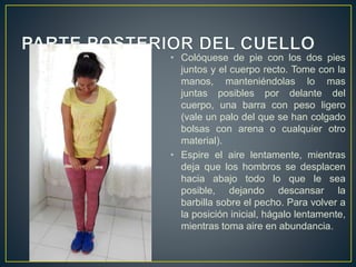 • Colóquese de pie con los dos pies
juntos y el cuerpo recto. Tome con la
manos, manteniéndolas lo mas
juntas posibles por delante del
cuerpo, una barra con peso ligero
(vale un palo del que se han colgado
bolsas con arena o cualquier otro
material).
• Espire el aire lentamente, mientras
deja que los hombros se desplacen
hacia abajo todo lo que le sea
posible, dejando descansar la
barbilla sobre el pecho. Para volver a
la posición inicial, hágalo lentamente,
mientras toma aire en abundancia.
 