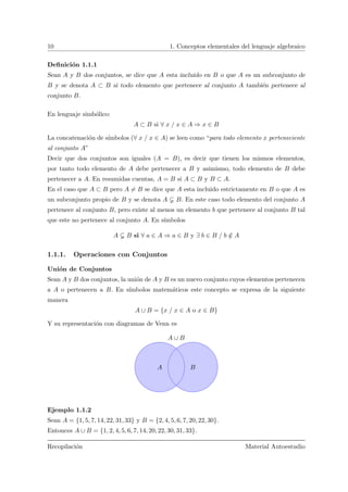10 1. Conceptos elementales del lenguaje algebraico
Deﬁnici´on 1.1.1
Sean A y B dos conjuntos, se dice que A esta incluido en B o que A es un subconjunto de
B y se denota A ⊂ B si todo elemento que pertenece al conjunto A tambi´en pertenece al
conjunto B.
En lenguaje simb´olico:
A ⊂ B si ∀ x / x ∈ A ⇒ x ∈ B
La concatenaci´on de s´ımbolos (∀ x / x ∈ A) se leen como “para todo elemento x perteneciente
al conjunto A”
Decir que dos conjuntos son iguales (A = B), es decir que tienen los mismos elementos,
por tanto todo elemento de A debe pertenecer a B y asimismo, todo elemento de B debe
pertenecer a A. En resumidas cuentas, A = B si A ⊂ B y B ⊂ A.
En el caso que A ⊂ B pero A = B se dice que A esta incluido estrictamente en B o que A es
un subconjunto propio de B y se denota A B. En este caso todo elemento del conjunto A
pertenece al conjunto B, pero existe al menos un elemento b que pertenece al conjunto B tal
que este no pertenece al conjunto A. En s´ımbolos
A B si ∀ a ∈ A ⇒ a ∈ B y ∃ b ∈ B / b /∈ A
1.1.1. Operaciones con Conjuntos
Uni´on de Conjuntos
Sean A y B dos conjuntos, la uni´on de A y B es un nuevo conjunto cuyos elementos pertenecen
a A o pertenecen a B. En s´ımbolos matem´aticos este concepto se expresa de la siguiente
manera
A ∪ B = {x / x ∈ A o x ∈ B}
Y su representaci´on con diagramas de Venn es
A B
A ∪ B
Ejemplo 1.1.2
Sean A = {1, 5, 7, 14, 22, 31, 33} y B = {2, 4, 5, 6, 7, 20, 22, 30}.
Entonces A ∪ B = {1, 2, 4, 5, 6, 7, 14, 20, 22, 30, 31, 33}.
Recopilaci´on Material Autoestudio
 