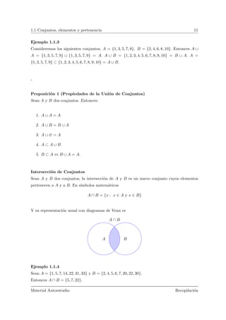 1.1 Conjuntos, elementos y pertenencia 11
Ejemplo 1.1.3
Consideremos los siguientes conjuntos, A = {1, 3, 5, 7, 9}, B = {2, 4, 6, 8, 10}. Entonces A ∪
A = {1, 3, 5, 7, 9} ∪ {1, 3, 5, 7, 9} = A. A ∪ B = {1, 2, 3, 4, 5, 6, 7, 8, 9, 10} = B ∪ A. A =
{1, 3, 5, 7, 9} ⊂ {1, 2, 3, 4, 5, 6, 7, 8, 9, 10} = A ∪ B.
-
Proposici´on 1 (Propiedades de la Uni´on de Conjuntos)
Sean A y B dos conjuntos. Entonces:
1. A ∪ A = A
2. A ∪ B = B ∪ A
3. A ∪ ∅ = A
4. A ⊂ A ∪ B
5. B ⊂ A ⇔ B ∪ A = A.
Intersecci´on de Conjuntos
Sean A y B dos conjuntos, la intersecci´on de A y B es un nuevo conjunto cuyos elementos
pertenecen a A y a B. En s´ımbolos matem´aticos
A ∩ B = {x : x ∈ A y x ∈ B}
Y su representaci´on usual con diagramas de Venn es
A B
A ∩ B
Ejemplo 1.1.4
Sean A = {1, 5, 7, 14, 22, 31, 33} y B = {2, 4, 5, 6, 7, 20, 22, 30}.
Entonces A ∩ B = {5, 7, 22}.
Material Autoestudio Recopilaci´on
 