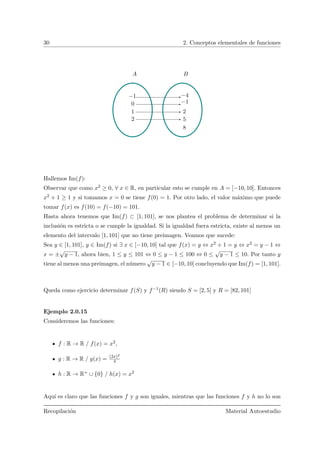 30 2. Conceptos elementales de funciones
−1
0
1
2
−4
−1
2
5
8
A B
Hallemos Im(f):
Observar que como x2 ≥ 0, ∀ x ∈ R, en particular esto se cumple en A = [−10, 10]. Entonces
x2 + 1 ≥ 1 y si tomamos x = 0 se tiene f(0) = 1. Por otro lado, el valor m´aximo que puede
tomar f(x) es f(10) = f(−10) = 101.
Hasta ahora tenemos que Im(f) ⊂ [1, 101], se nos plantea el problema de determinar si la
inclusi´on es estricta o se cumple la igualdad. Si la igualdad fuera estricta, existe al menos un
elemento del intervalo [1, 101] que no tiene preimagen. Veamos que sucede:
Sea y ∈ [1, 101], y ∈ Im(f) si ∃ x ∈ [−10, 10] tal que f(x) = y ⇔ x2 + 1 = y ⇔ x2 = y − 1 ⇔
x = ±
√
y − 1, ahora bien, 1 ≤ y ≤ 101 ⇔ 0 ≤ y − 1 ≤ 100 ⇔ 0 ≤
√
y − 1 ≤ 10. Por tanto y
tiene al menos una preimagen, el n´umero
√
y − 1 ∈ [−10, 10] concluyendo que Im(f) = [1, 101].
Queda como ejercicio determinar f(S) y f−1(R) siendo S = [2, 5] y R = [82, 101]
Ejemplo 2.0.15
Consideremos las funciones:
f : R → R / f(x) = x2,
g : R → R / g(x) = (2x)2
4
h : R → R+ ∪ {0} / h(x) = x2
Aqu´ı es claro que las funciones f y g son iguales, mientras que las funciones f y h no lo son
Recopilaci´on Material Autoestudio
 