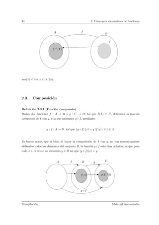 34 2. Conceptos elementales de funciones
fA B
Y
f−1(Y )
sen(x) < 0 si x ∈ (π, 2π).
2.3. Composici´on
Deﬁnici´on 2.3.1 (Funci´on compuesta)
Dadas dos funciones f : A → B y g : C → D, tal que f(A) ⊂ C, deﬁnimos la funci´on
compuesta de f con g, a la que anotamos g ◦ f, mediante:
g ◦ f : A → D tal que (g ◦ f) (x) = g (f(x)) ∀ x ∈ A.
Es bueno notar, que si bien, al hacer la composici´on de f con g, no son necesariamente
utilizados todos los elementos del conjunto B, la funci´on g ◦ f est´a bien deﬁnida, ya que para
todo x ∈ A existe un elemento y ∈ D tal que (g ◦ f)(x) = y.
A B C
f(A) g(f(A))
g ◦ f
f g
Recopilaci´on Material Autoestudio
 