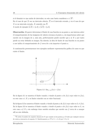 48 3. Conceptos elementales del c´alculo
si el dominio es una uni´on de intervalos, en este caso basta considerar a ∈ X2.
En el caso de que X sea un intervalo abierto, X es el intervalo cerrado, y en el caso de que
X es un intervalo cerrado, X coincide con X.
A modo de ejemplo (a, b) = [a, b] y [a, b] = [a, b].
Observaci´on: Al querer determinar el l´ımite de una funci´on en un punto a, nos interesa saber
el comportamiento de las im´agenes de valores cercanos al punto a, sin importarnos saber que
sucede con la imagen de a, m´as a´un, perfectamente puede suceder que a /∈ X y por tanto
puede no estar deﬁnida su imagen. En s´ıntesis, la idea de l´ımite de una funci´on en un punto
a nos indica el comportamiento de f cerca de a sin importar el punto a.
A continuaci´on presentaremos tres ejemplos mediante representaci´on gr´aﬁca de casos en que
existe el l´ımite.
a
f(a)
G(f)
Figura 3.1: l´ımx→a f(x) = f(a)
En la ﬁgura 3.1 se muestra el l´ımite cuando x tiende al punto a de f(x) cuyo valor es f(a),
en este caso a ∈ X y su l´ımite coincide con su valor funcional.
En la ﬁgura 3.2 se muestra el l´ımite cuando x tiende al punto a de f(x) cuyo valor es L = f(a).
En la ﬁgura 3.3 se muestra el l´ımite cuando x tiende al punto a de f(x) cuyo valor es L, en
este caso a /∈ X y sin embargo tiene sentido estudiar que sucede con f cerca de a aunque
all´ı no este deﬁnida.
2
X recibe el nombre de conjunto clausura de X que consiste en los puntos y ∈ R tales que cualquier entorno
de centro y intersecta al conjunto X. Sint´eticamente y ∈ X si ∀ ε > 0, Eε(y) ∩ X = ∅
Recopilaci´on Material Autoestudio
 