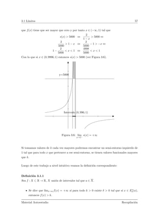 3.1 L´ımites 57
que f(x) tiene que ser mayor que cero y por tanto x ∈ (−∞, 1) tal que
s(x) > 5000 ⇔
2
1 − x
> 5000 ⇔
2
5000
> 1 − x ⇔
2
5000
− 1 > −x ⇔
1 −
2
5000
< x < 1 ⇔
4998
5000
< x < 1
Con lo que si x ∈ (0, 9996; 1) entonces s(x) > 5000 (ver Figura 3.6).
Intervalo (0, 996; 1)
y=5000
EF
f
Figura 3.6: l´ım
x→1−
s(x) = +∞
Si tomamos valores de k cada vez mayores podremos encontrar un semi-entorno izquierdo de
1 tal que para todo x que pertenece a ese semi-entorno, se tienen valores funcionales mayores
que k.
Luego de este trabajo a nivel intuitivo veamos la deﬁnici´on correspondiente:
Deﬁnici´on 3.1.1
Sea f : X ⊂ R → R, X uni´on de intervalos tal que a ∈ X.
Se dice que l´ımx→a f(x) = +∞ si para todo k > 0 existe δ > 0 tal que si x ∈ E∗
δ (a),
entonces f(x) > k.
Material Autoestudio Recopilaci´on
 