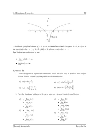 3.2 Funciones elementales 75
−4 −3 −2 −1 1 2 3 4
−2
−1
1
2
0
G(ln |x|)
A modo de ejemplo tomemos g(x) = x − 1, entonces la composici´on queda h : (1, +∞) → R
tal que h(x) = ln(x − 1), y h1 : R  {1} → R tal que h1(x) = ln |x − 1|.
Los l´ımites particulares de ln son:
l´ım
x→+∞
ln(x) = +∞.
l´ım
x→0
ln(x) = −∞.
Ejercicio 16
1. Dadas la siguientes expresiones anal´ıticas, hallar en cada caso el dominio m´as amplio
posible de una funci´on cuya expresi´on sea la mencionada.
a) i(x) = ln
x
x − 1
b) j(x) = ln
−3x + 1
6x + 2
c) k(x) = ln
x2 + x − 2
x + 1
d) l(x) = ln
x2 + x − 2
x2 − x − 2
2. Para las funciones halladas en la parte anterior, calcular los siguientes l´ımites:
a) l´ım
x→±∞
i(x)
l´ım
x→1+
i(x)
l´ım
x→0−
i(x)
b) l´ım
x→−1
3
±
j(x)
l´ım
x→ 1
3
±
j(x)
l´ım
x→±∞
j(x)
c) l´ım
x→+∞
k(x)
l´ım
x→1+
k(x)
l´ım
x→−1−
k(x)
l´ım
x→−2+
k(x)
d) l´ım
x→±∞
l(x)
l´ım
x→2±
l(x)
l´ım
x→−1±
l(x)
Material Autoestudio Recopilaci´on
 