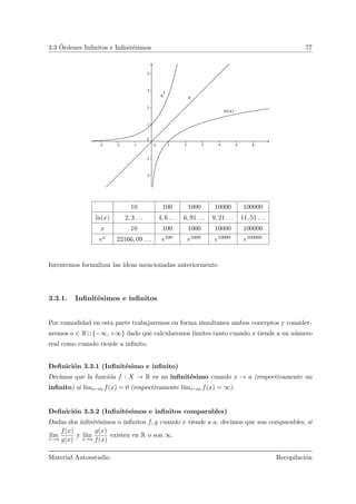 3.3 ´Ordenes Inﬁnitos e Inﬁnit´esimos 77
10 100 1000 10000 100000
ln(x) 2, 3 . . . 4, 6 . . . 6, 91 . . . 9, 21 . . . 11, 51 . . .
x 10 100 1000 10000 100000
ex 22166, 09 . . . e100 e1000 e10000 e100000
Intentemos formalizar las ideas mencionadas anteriormente.
3.3.1. Inﬁnit´esimos e inﬁnitos
Por comodidad en esta parte trabajaremos en forma simultanea ambos conceptos y consider-
aremos a ∈ R∪{−∞, +∞} dado que calcularemos l´ımites tanto cuando x tiende a un n´umero
real como cuando tiende a inﬁnito.
Deﬁnici´on 3.3.1 (Inﬁnit´esimo e inﬁnito)
Decimos que la funci´on f : X → R es un inﬁnit´esimo cuando x → a (respectivamente un
inﬁnito) si l´ımx→a f(x) = 0 (respectivamente l´ımx→a f(x) = ∞).
Deﬁnici´on 3.3.2 (Inﬁnit´esimos e inﬁnitos comparables)
Dadas dos inﬁnit´esimos o inﬁnitos f, g cuando x tiende a a, decimos que son comparables, si
l´ım
x→a
f(x)
g(x)
y l´ım
x→a
g(x)
f(x)
existen en R o son ∞.
Material Autoestudio Recopilaci´on
 