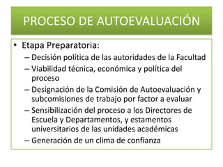 PROCESO DE AUTOEVALUACIÓN
• Etapa Preparatoria:
  – Decisión política de las autoridades de la Facultad
  – Viabilidad técnica, económica y política del
    proceso
  – Designación de la Comisión de Autoevaluación y
    subcomisiones de trabajo por factor a evaluar
  – Sensibilización del proceso a los Directores de
    Escuela y Departamentos, y estamentos
    universitarios de las unidades académicas
  – Generación de un clima de confianza
 