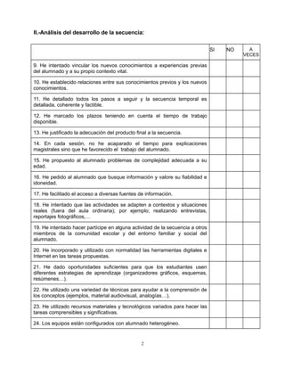 II.-Análisis del desarrollo de la secuencia:
SI NO A
VECES
9. He intentado vincular los nuevos conocimientos a experiencia...