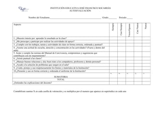 INSTITUCIÒN EDUCATIVA JOSÉ FRANCISCO SOCARRÁS
                                                      AUTOEVALUACIÒN

                Nombre del Estudiante_____________________________________________ Grado:_______                   Periodo:_____




                                                                                                         Siempre




                                                                                                                                                    Casi Nunca


                                                                                                                                                                  Nunca
                                                                                                                    Casi Siempre
Aspecto




                                                                                                                                    VecesAlgunas
1. ¿Muestro interés por aprender lo enseñado en la clase?
2. ¿Me preocupo y participo por realizar las actividades de apoyo?
3. ¿Cumplo con los trabajos, tareas y actividades de clase en forma correcta, ordenada y puntual?
4. ¿Asumo una actitud de escucha, atención y concentración en las actividades? (Fuera y dentro del
aula)
5. Acato y cumplo las normas del Manual de Convivencia, compromisos y sugerencias que
contribuyen con mi mejoramiento?
6. ¿Asisto puntual a las clases?
7. ¿Manejo buenas relaciones y doy buen trato a los compañeros, profesores y demás personal?
8. ¿Ayudo a la solución de problemas que surgen en el aula?
9. ¿Cuido, protejo y uso respetuosamente los bienes y materiales de la Institución?
10.¿Presento y uso en forma correcta y ordenada el uniforme de la Institución?
                                                                                                       *5          *4              *3              *2            *1

                                            SUMATORIA
                                              TOTAL
¿Entiendes las explicaciones del docente?


Contabilizan cuantas X en cada casilla de valoración y se multiplica por el numero que aparece en superíndice en cada una
 