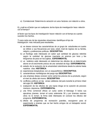 e) Correlacional: Determina la variación en unos factores con relación a otros.
6) ¿cuál es el factor que en cualquiera de los tipos de investigación hace relación
con el tiempo?
el factor que los tipos de investigación hacen relación con el tiempo es cuando
suceden los hechos.
7) para cada una de las siguientes situaciones identifique el tipo de
Investigación más indicada para resolverlas.
a) se desea conocer las características de un grupo de estudiantes en cuanto
se refiere a sus frecuencias por sexo, edad, nivel de ingreso de su familia,
religión y preferencias políticas. DESCRIPTIVA
b) un fisiólogo está interesado en saber qué cantidad de glucosa retenida
según la cantidad de glucosa inyectada en gramos por hora y los
kilogramos de peso en los sujetos. EXPERIMENTAL
c) un botánico está interesado en determinar los efectos de un determinado
abono en el crecimiento precoz de una variedad de trigo. EXPERIMENTAL
d) estudio de la evolución de la universidad colombiana desde la colonia hasta
nuestros días. HISTÓRICA
e) experiencias terapéuticas con un esquizofrénico DESCRIPTIVA
f) características morfológicas del pargo rojo DESCRIPTIVA
g) una empresa desea conocer como varían los precios de su producto, según
el nivel de oferta del mismo. DESCRIPTIVA
h) conflictos políticos en las zonas cafeteras del país durante la primera mitad
del siglo XX. HISTORICA
i) evaluación de los efectos de una nueva droga en la curación de psicosis
maniaco- depresiva. EXPERIMENTAL
j) una firma comercial ofrece un curso sobre el liderazgo 9 todos sus
ejecutivos jóvenes. toman el curso solamente 30 y por diversas razones
otros no lo toman. la firma está interesada en conocer los efectos del
programa. EXPERIMENTAL
k) efecto de programas de recreación juveniles, escogieron para el
experimento a jóvenes que se han hecho amigos de un trabajador social.
EXPÉRIMENTAL
 