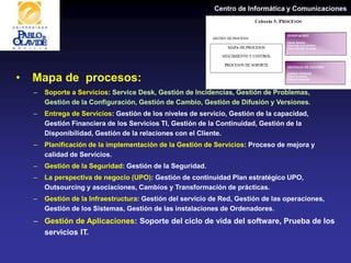 Centro de Informática y Comunicaciones
• Mapa de procesos:
– Soporte a Servicios: Service Desk, Gestión de Incidencias, Gestión de Problemas,
Gestión de la Configuración, Gestión de Cambio, Gestión de Difusión y Versiones.
– Entrega de Servicios: Gestión de los niveles de servicio, Gestión de la capacidad,
Gestión Financiera de los Servicios TI, Gestión de la Continuidad, Gestión de la
Disponibilidad, Gestión de la relaciones con el Cliente.
– Planificación de la implementación de la Gestión de Servicios: Proceso de mejora y
calidad de Servicios.
– Gestión de la Seguridad: Gestión de la Seguridad.
– La perspectiva de negocio (UPO): Gestión de continuidad Plan estratégico UPO,
Outsourcing y asociaciones, Cambios y Transformación de prácticas.
– Gestión de la Infraestructura: Gestión del servicio de Red, Gestión de las operaciones,
Gestión de los Sistemas, Gestión de las instalaciones de Ordenadores.
– Gestión de Aplicaciones: Soporte del ciclo de vida del software, Prueba de los
servicios IT.
 
