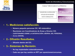 Centro de Informática y Comunicaciones
• 1.- Mediciones satisfacción.
• Número pequeño personas CIC. NO sistemático.
• Reuniones con Coordinadores de Áreas y Director CIC.
• CUESTIONARIO SOBRE LA SATISFACCIÓN LABORAL DEL PERSONAL
• (Curso 2005/06).
• 2.- Difusión Resultados.
• Difusión dentro del CIC.
• 3.- Sistemas de Revisión.
• No hay implantados sistemáticamente.
• Cada vez que hay cambio en RPT por oposiciones/concursos.
 