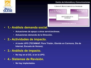 Centro de Informática y Comunicaciones
• 1.- Análisis demanda social.
• Actuaciones de apoyo a otros servicios/áreas.
• Actuaciones demanda de la Dirección.
• 2.- Actividades de impacto.
• A través UPO (TECNIMAP, Flora Tristán, Olavide en Carmona, Día de
Internet, Escuela de Verano).
• 3.- Análisis de impacto.
• No hay en el CIC, si en la UPO.
• 4.- Sistemas de Revisión.
• No hay implantados.
 