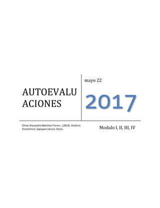 AUTOEVALU
ACIONES
mayo 22
2017
Omar AlejandroMartínezTorres..(2014). Análisis
Económico.ZapopanJalisco:Astra. Modulo I, II, III, IV
 