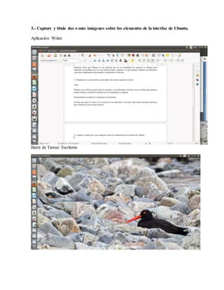 3.- Capture y titule dos o más imágenes sobre los elementos de la interfaz de Ubuntu.
Aplicación Writer
Barra de Tareas/ Escritorio
 
