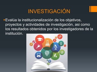 INVESTIGACIÓN
Evalúa la institucionalización de los objetivos,
proyectos y actividades de investigación, asi como
los resultados obtenidos por los investigadores de la
institución.
 