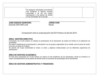 Se realizaron actividades comunitarias
que fortalecen la relación escuela
comunidad y se dio una mayor
participación a los padres de familia
en las actividades de la escuela.
________________________________ ______________________________________
JOSE IGNACIO QUINTERO JORGE IVAN
Docente CER SAN LUIS Rector
Comparación entre la autoevaluación del 2013 frente a la del año 2014.
ÁREA: GESTIÓN DIRECTIVA
Comparado con el año anterior se destaca la participación de la Asociación de padres de familia en la realización de
actividades.
Se mejoró notablemente la participación y articulación con los grupos organizados de la vereda como la junta de acción
comunal y el grupo de mujeres.
Se abordó con mayor profundidad la misión, la visión y objetivos institucionales con los diferentes organismos de
participación.
ÁREA DE GESTION ACADEMICA
En esta área comparada con el año anterior se mejoro el nivel académico de los estudiantes, donde se evidencio un
mayor acompañamiento de los padres de familia hacia los procesos de aprendizajes de los estudiantes.
ÁREA DE GESTION ADMINISTRATIVA Y FINANCIERA
 