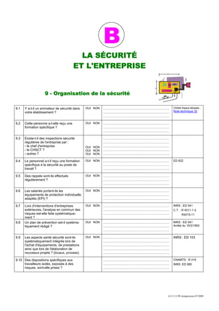 B
                                           LA SÉCURITÉ
                                         ET L'ENTREPRISE


                    9 - Organisation de la sécurité

9.1   Y a-t-il un animateur de sécurité dans   OUI NON   ……………………………………………………   CRAM Alsace-Moselle :
      votre établissement ?                              ……………………………………………………   Note technique 32
                                                         ……………………………………………………

9.2   Cette personne a-t-elle reçu une         OUI NON   ……………………………………………………
      formation spécifique ?                             ……………………………………………………
                                                         ……………………………………………………

9.3   Existe-t-il des inspections sécurité               ……………………………………………………
      régulières de l'entreprise par :                   ……………………………………………………
      - le chef d'entreprise                   OUI NON   ……………………………………………………
      - le CHSCT ?                             OUI NON   ……………………………………………………
      - autres ?                               OUI NON   ……………………………………………………

9.4   Le personnel a-t-il reçu une formation   OUI NON   ……………………………………………………   ED 832
      spécifique à la sécurité au poste de               ……………………………………………………
      travail ?                                          ……………………………………………………

9.5   Des rappels sont-ils effectués           OUI NON   ……………………………………………………
      régulièrement ?                                    ……………………………………………………
                                                         ……………………………………………………

9.6   Les salariés portent-ils les             OUI NON   ……………………………………………………
      équipements de protection individuelle             ……………………………………………………
      adaptés (EPI) ?                                    ……………………………………………………

9.7   Lors d'interventions d'entreprises       OUI NON   ……………………………………………………   INRS : ED 941
      extérieures, l'analyse en commun des               ……………………………………………………   C.T. : R 4511-1 à
      risques est-elle faite systématique-               ……………………………………………………          R4515-11
      ment ?
9.8   Un plan de prévention est-il systéma-    OUI NON   ……………………………………………………   INRS : ED 941
      tiquement rédigé ?                                 ……………………………………………………   Arrêté du 19/3/1993
                                                         ……………………………………………………

9.9   Les aspects santé sécurité sont-ils      OUI NON   ……………………………………………………   INRS : ED 103
      systématiquement intégrés lors de                  ……………………………………………………
      l'achat d'équipements, de prestations              ……………………………………………………
      ainsi que lors de l'élaboration de                 ……………………………………………………
      nouveaux projets ? (locaux, process)               ……………………………………………………

9.10 Des dispositions spécifiques aux                    ……………………………………………………   CNAMTS : R 416
     travailleurs isolés, exposés à des                  ……………………………………………………   INRS :ED 985
     risques, sont-elle prises ?                         ……………………………………………………




                                                                            A113.11/99 réimpression 07/2009
 