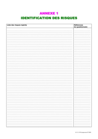 ANNEXE 1
                 IDENTIFICATION DES RISQUES
Liste des risques repérés                      Références
                                               du questionnaire

……………………………………………………………………………………………………………………   ……………………………
……………………………………………………………………………………………………………………   ……………………………
……………………………………………………………………………………………………………………   ……………………………
……………………………………………………………………………………………………………………   ……………………………
……………………………………………………………………………………………………………………   ……………………………
……………………………………………………………………………………………………………………   ……………………………
……………………………………………………………………………………………………………………   ……………………………
……………………………………………………………………………………………………………………   ……………………………
……………………………………………………………………………………………………………………   ……………………………
……………………………………………………………………………………………………………………   ……………………………
……………………………………………………………………………………………………………………   ……………………………
……………………………………………………………………………………………………………………   ……………………………
……………………………………………………………………………………………………………………   ……………………………
……………………………………………………………………………………………………………………   ……………………………
……………………………………………………………………………………………………………………   ……………………………
……………………………………………………………………………………………………………………   ……………………………
……………………………………………………………………………………………………………………   ……………………………
……………………………………………………………………………………………………………………   ……………………………
……………………………………………………………………………………………………………………   ……………………………
……………………………………………………………………………………………………………………   ……………………………
……………………………………………………………………………………………………………………   ……………………………
……………………………………………………………………………………………………………………   ……………………………
……………………………………………………………………………………………………………………   ……………………………
……………………………………………………………………………………………………………………   ……………………………
……………………………………………………………………………………………………………………   ……………………………
……………………………………………………………………………………………………………………   ……………………………
……………………………………………………………………………………………………………………   ……………………………
……………………………………………………………………………………………………………………   ……………………………
……………………………………………………………………………………………………………………   ……………………………
……………………………………………………………………………………………………………………   ……………………………
……………………………………………………………………………………………………………………   ……………………………
……………………………………………………………………………………………………………………   ……………………………
……………………………………………………………………………………………………………………   ……………………………
……………………………………………………………………………………………………………………   ……………………………
……………………………………………………………………………………………………………………   ……………………………
……………………………………………………………………………………………………………………   ……………………………
……………………………………………………………………………………………………………………   ……………………………
……………………………………………………………………………………………………………………   ……………………………
……………………………………………………………………………………………………………………   ……………………………
……………………………………………………………………………………………………………………   ……………………………
……………………………………………………………………………………………………………………   ……………………………
……………………………………………………………………………………………………………………   ……………………………
……………………………………………………………………………………………………………………   ……………………………
……………………………………………………………………………………………………………………   ……………………………
……………………………………………………………………………………………………………………   ……………………………
……………………………………………………………………………………………………………………   ……………………………
……………………………………………………………………………………………………………………   ……………………………
……………………………………………………………………………………………………………………   ……………………………
……………………………………………………………………………………………………………………   ……………………………
……………………………………………………………………………………………………………………   ……………………………
……………………………………………………………………………………………………………………   ……………………………
……………………………………………………………………………………………………………………   ……………………………
……………………………………………………………………………………………………………………   ……………………………
……………………………………………………………………………………………………………………   ……………………………
……………………………………………………………………………………………………………………   ……………………………
……………………………………………………………………………………………………………………   ……………………………
……………………………………………………………………………………………………………………   ……………………………



                                                A113.11/99 réimpression 07/2009
 