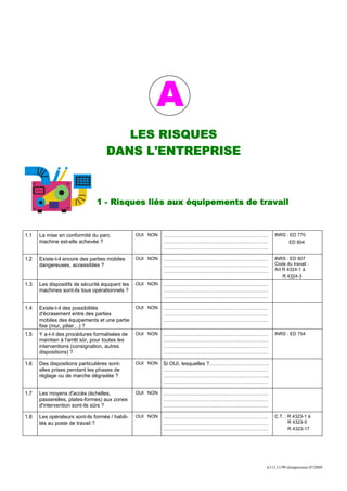 A
                                       LES RISQUES
                                    DANS L'ENTREPRISE



                               1 - Risques liés aux équipements de travail


1.1   La mise en conformité du parc              OUI NON   ……………………………………………………               INRS : ED 770
      machine est-elle achevée ?                           ……………………………………………………                       ED 804
                                                           ……………………………………………………

1.2   Existe-t-il encore des parties mobiles     OUI NON   ……………………………………………………               INRS : ED 807
      dangereuses, accessibles ?                           ……………………………………………………               Code du travail :
                                                           ……………………………………………………               Art R 4324-1 à
                                                                                                  R 4324-3
1.3   Les dispositifs de sécurité équipant les   OUI NON   ……………………………………………………
      machines sont-ils tous opérationnels ?               ……………………………………………………
                                                           ……………………………………………………

1.4   Existe-t-il des possibilités               OUI NON   ……………………………………………………
      d'écrasement entre des parties                       ……………………………………………………
      mobiles des équipements et une partie                ……………………………………………………
      fixe (mur, pilier…) ?
1.5   Y a-t-il des procédures formalisées de     OUI NON   ……………………………………………………               INRS : ED 754
      maintien à l'arrêt sûr, pour toutes les              ……………………………………………………
      interventions (consignation, autres                  ……………………………………………………
      dispositions) ?                                      ……………………………………………………

1.6   Des dispositions particulières sont-       OUI NON   Si OUI, lesquelles ?…………………………….
      elles prises pendant les phases de                   ……………………………………………………
      réglage ou de marche dégradée ?                      ……………………………………….…………...
                                                           ……………………………………………………

1.7   Les moyens d'accès (échelles,              OUI NON   ……………………………………………………
      passerelles, plates-formes) aux zones                ……………………………………………………
      d'intervention sont-ils sûrs ?                       ……………………………………………………

1.8   Les opérateurs sont-ils formés / habili-   OUI NON   ……………………………………………………               C.T. : R 4323-1 à
      tés au poste de travail ?                            ……………………………………………………                      R 4323-5
                                                           ……………………………………………………                      R 4323-17




                                                                                          A113.11/99 réimpression 07/2009
 