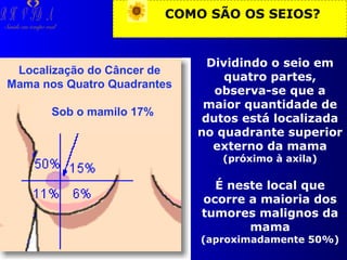 R H V ID A

COMO SÃO OS SEIOS?

Saúde em tempo real

Localização do Câncer de
Mama nos Quatro Quadrantes
Sob o mamilo 17%

Dividindo o seio em
quatro partes,
observa-se que a
maior quantidade de
dutos está localizada
no quadrante superior
externo da mama
(próximo à axila)

É neste local que
ocorre a maioria dos
tumores malignos da
mama

(aproximadamente 50%)

 
