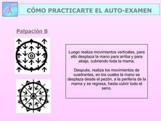 Palpación B CÓMO PRACTICARTE EL AUTO-EXAMEN Luego realiza movimientos verticales, para ello desplaza la mano para arriba y para abajo, cubriendo toda la mama. Después, realiza los movimientos de cuadrantes, en los cuales la mano se desplaza desde el pezón, a la periferia de la mama y se regresa, hasta cubrir todo el seno. 