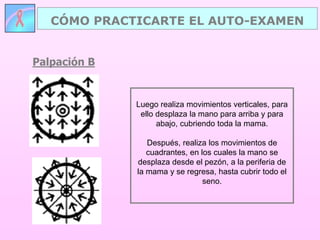 Palpación B
CÓMO PRACTICARTE EL AUTO-EXAMEN
Luego realiza movimientos verticales, para
ello desplaza la mano para arriba y para
abajo, cubriendo toda la mama.
Después, realiza los movimientos de
cuadrantes, en los cuales la mano se
desplaza desde el pezón, a la periferia de
la mama y se regresa, hasta cubrir todo el
seno.
 