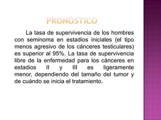 pRoNóSTICO   	La tasa de supervivencia de los hombres con seminoma en estadios iniciales (el tipo menos agresivo de los cánceres testiculares) es superior al 95%. La tasa de supervivencia libre de la enfermedad para los cánceres en estadios II y III es ligeramente menor, dependiendo del tamaño del tumor y de cuándo se inicia el tratamiento.