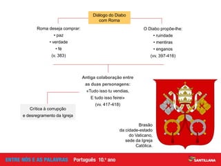 Crítica à corrupção
e desregramento da Igreja
Roma deseja comprar:
• paz
• verdade
• fé
(v. 383)
Brasão
da cidade-estado
do Vaticano,
sede da Igreja
Católica.
O Diabo propõe-lhe:
• ruindade
• mentiras
• enganos
(vv. 397-416)
Antiga colaboração entre
as duas personagens:
«Tudo isso tu vendias,
E tudo isso feirei»
(vv. 417-418)
Diálogo do Diabo
com Roma
 