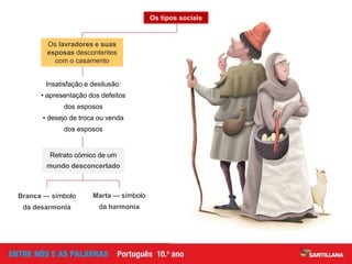 Insatisfação e desilusão:
• apresentação dos defeitos
dos esposos
• desejo de troca ou venda
dos esposos
Retrato cómico de um
mundo desconcertado
Branca — símbolo
da desarmonia
Marta — símbolo
da harmonia
Os lavradores e suas
esposas descontentes
com o casamento
Os tipos sociais
 