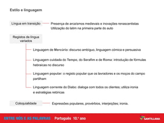 Estilo e linguagem
Presença de arcaísmos medievais e inovações renascentistas
Utilização do latim na primeira parte do auto
Língua em transição
Linguagem de Mercúrio: discurso ambíguo, linguagem cómica e persuasiva
Linguagem cuidada do Tempo, do Serafim e de Roma: introdução de fórmulas
hebraicas no discurso
Registos de língua
variados
Linguagem popular: o registo popular que os lavradores e os moços do campo
partilham
Linguagem corrente do Diabo: dialoga com todos os clientes; utiliza ironia
e estratégias retóricas
Expressões populares, provérbios, interjeições; ironia.Coloquialidade
 