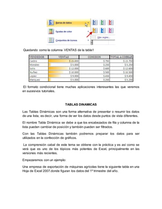 Quedando como la columna VENTAS de la tabla1 
El formato condicional tiene muchas aplicaciones interesantes las que veremos 
en sucesivos tutoriales. 
TABLAS DINAMICAS 
Las Tablas Dinámicas son una forma alternativa de presentar o resumir los datos 
de una lista, es decir, una forma de ver los datos desde puntos de vista diferentes. 
El nombre Tabla Dinámica se debe a que los encabezados de fila y columna de la 
lista pueden cambiar de posición y también pueden ser filtrados. 
Con las Tablas Dinámicas también podremos preparar los datos para ser 
utilizados en la confección de gráficos. 
La comprensión cabal de este tema se obtiene con la práctica y es así como se 
verá que es uno de los tópicos más potentes de Excel, principalmente en las 
versiones más recientes. 
Empezaremos con un ejemplo: 
Una empresa de exportación de máquinas agrícolas tiene la siguiente tabla en una 
Hoja de Excel 2007.donde figuran los datos del 1º trimestre del año. 
 