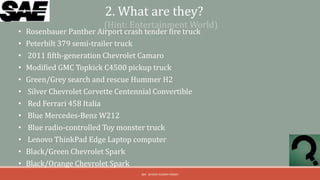 2. What are they?
                          (Hint: Entertainment World)
• Rosenbauer Panther Airport crash tender fire truck
• Peterbilt 379 semi-trailer truck
• 2011 fifth-generation Chevrolet Camaro
• Modified GMC Topkick C4500 pickup truck
• Green/Grey search and rescue Hummer H2
•   Silver Chevrolet Corvette Centennial Convertible
•   Red Ferrari 458 Italia
•   Blue Mercedes-Benz W212
•   Blue radio-controlled Toy monster truck
•   Lenovo ThinkPad Edge Laptop computer
•   Black/Green Chevrolet Spark
•   Black/Orange Chevrolet Spark
                                     QM - DEVESH KUMAR PANDEY
 