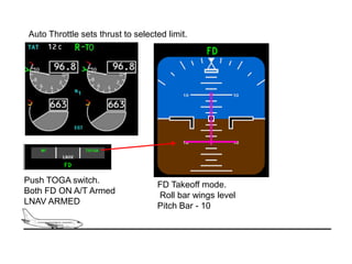 Auto Throttle sets thrust to selected limit.




Push TOGA switch.                  FD Takeoff mode.
Both FD ON A/T Armed
...