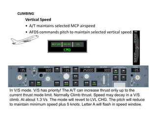 CLIMBING
        Vertical Speed
        • A/T maintains selected MCP airspeed
        • AFDS commands pitch to maintain se...
