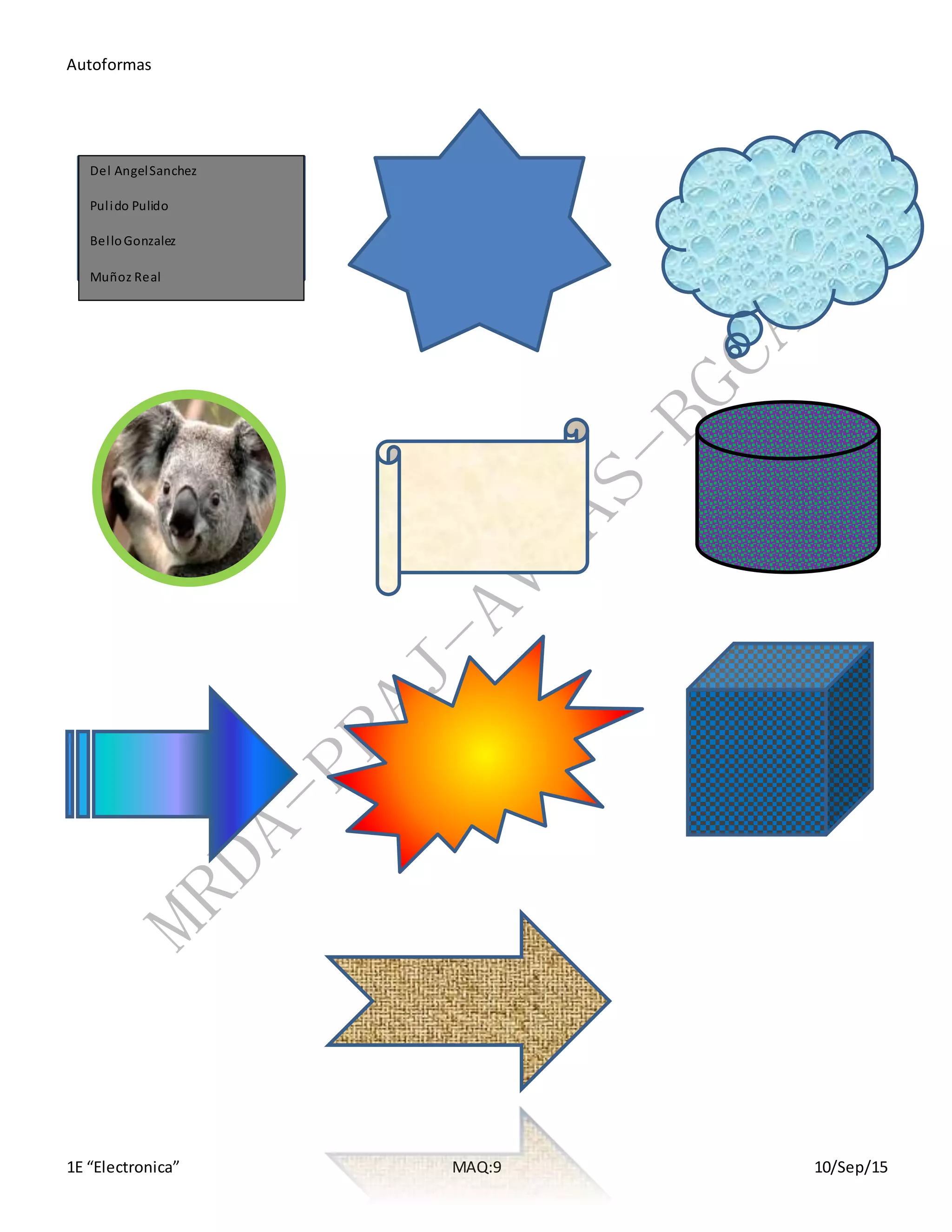 Autoformas
1E “Electronica” MAQ:9 10/Sep/15
Del AngelSanchez
Pulido Pulido
BelloGonzalez
Muñoz Real