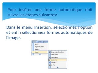Pour insérer une forme automatique doit 
suivre les étapes suivantes: 
Dans le menu Insertion, sélectionnez l'option 
et enfin sélectionnez formes automatiques de 
l'image. 
 