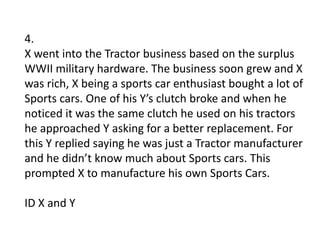 4.
X went into the Tractor business based on the surplus
WWII military hardware. The business soon grew and X
was rich, X being a sports car enthusiast bought a lot of
Sports cars. One of his Y’s clutch broke and when he
noticed it was the same clutch he used on his tractors
he approached Y asking for a better replacement. For
this Y replied saying he was just a Tractor manufacturer
and he didn’t know much about Sports cars. This
prompted X to manufacture his own Sports Cars.
ID X and Y
 