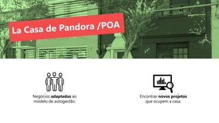 Negócios adaptados ao
modelo de autogestão.
Encontrar novos projetos
que ocupem a casa.
 