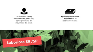 Localizada no centro
econômico do país e vista
como precursora do
movimento das casas.
Equilíbrio financeiro e
dependência ao
idealizador da casa.
 