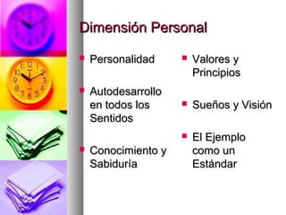 Dimensión PersonalDimensión Personal
 PersonalidadPersonalidad
 AutodesarrolloAutodesarrollo
en todos losen todos los
SentidosSentidos
 Conocimiento yConocimiento y
SabiduríaSabiduría
 Valores yValores y
PrincipiosPrincipios
 Sueños y VisiónSueños y Visión
 El EjemploEl Ejemplo
como uncomo un
EstándarEstándar
 