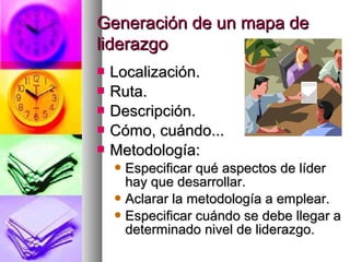 Generación de un mapa deGeneración de un mapa de
liderazgoliderazgo
 Localización.Localización.
 Ruta.Ruta.
 Descripción.Descripción.
 Cómo, cuándo...Cómo, cuándo...
 Metodología:Metodología:
 Especificar qué aspectos de líderEspecificar qué aspectos de líder
hay que desarrollar.hay que desarrollar.
 Aclarar la metodología a emplear.Aclarar la metodología a emplear.
 Especificar cuándo se debe llegar aEspecificar cuándo se debe llegar a
determinado nivel de liderazgo.determinado nivel de liderazgo.
 
