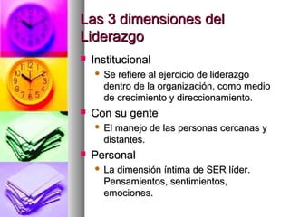 Las 3 dimensiones delLas 3 dimensiones del
LiderazgoLiderazgo
 InstitucionalInstitucional
 Se refiere al ejercicio de liderazgoSe refiere al ejercicio de liderazgo
dentro de la organización, como mediodentro de la organización, como medio
de crecimiento y direccionamiento.de crecimiento y direccionamiento.
 Con su genteCon su gente
 El manejo de las personas cercanas yEl manejo de las personas cercanas y
distantes.distantes.
 PersonalPersonal
 La dimensión íntima de SER líder.La dimensión íntima de SER líder.
Pensamientos, sentimientos,Pensamientos, sentimientos,
emociones.emociones.
 
