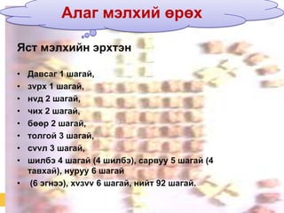 Алаг мэлхий өрөх
Алаг мэлхий өрөх
Яст мэлхийн эрхтэн
•
•
•
•
•
•
•
•

Давсаг 1 шагай,
зvрх 1 шагай,
нvд 2 шагай,
чих 2 шагай,
бөөр 2 шагай,
толгой 3 шагай,
сvvл 3 шагай,
шилбэ 4 шагай (4 шилбэ), сарвуу 5 шагай (4
тавхай), нуруу 6 шагай
• (6 эгнээ), хvзvv 6 шагай, нийт 92 шагай.

 