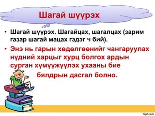 Шагай шүүрэх
• Шагай шүүрэх. Шагайцах, шагалцах (зарим
газар шагай мацах гэдэг ч бий).

• Энэ нь гарын хөдөлгөөнийг чангаруулах
нүдний харцыг хурц болгох ардын
сурган хүмүүжүүлэх ухааны бие
бялдрын дасгал болно.

 